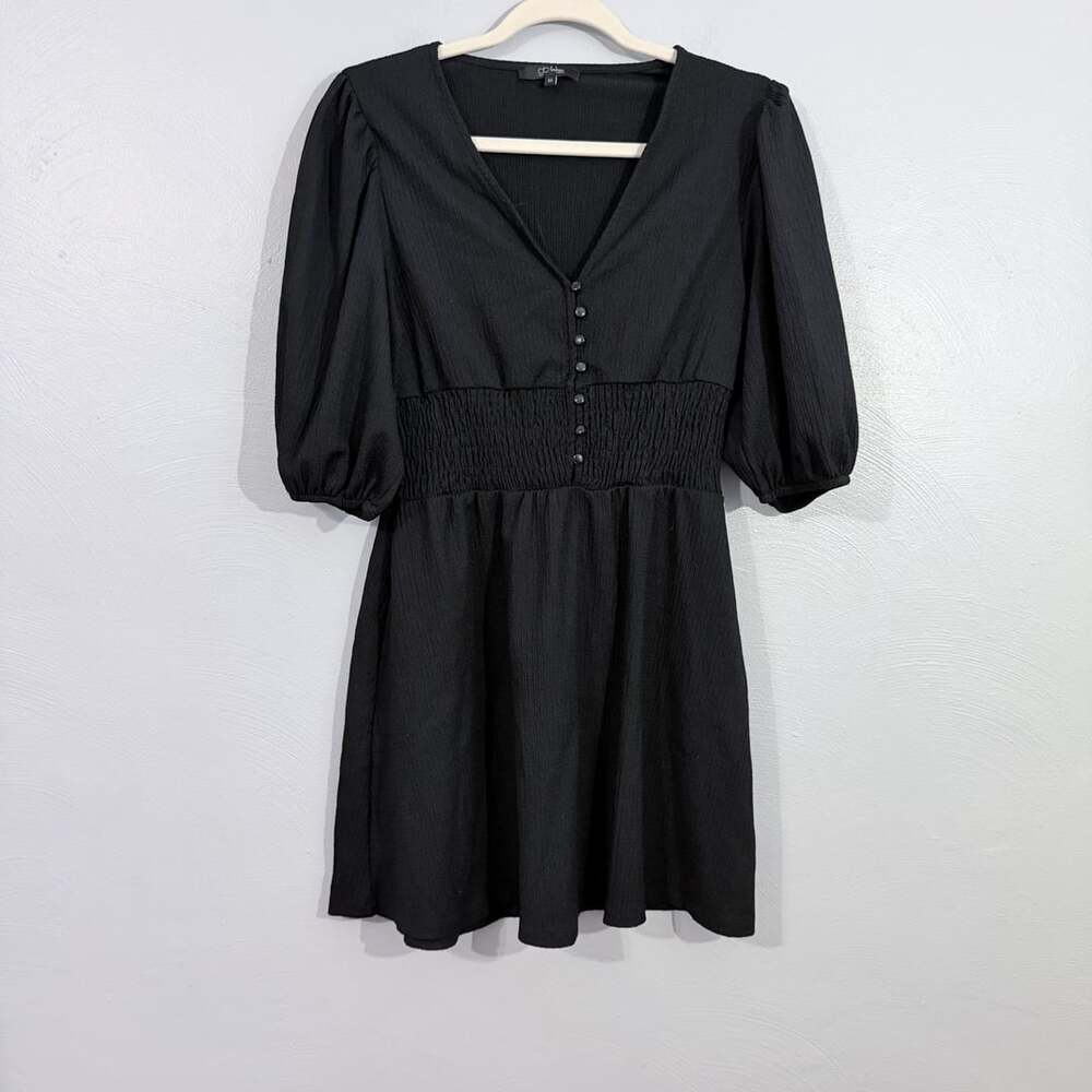 GB Francesca’s Black Crepe Mini Dress V-Neck Smocked Waist Puff Sleeve M